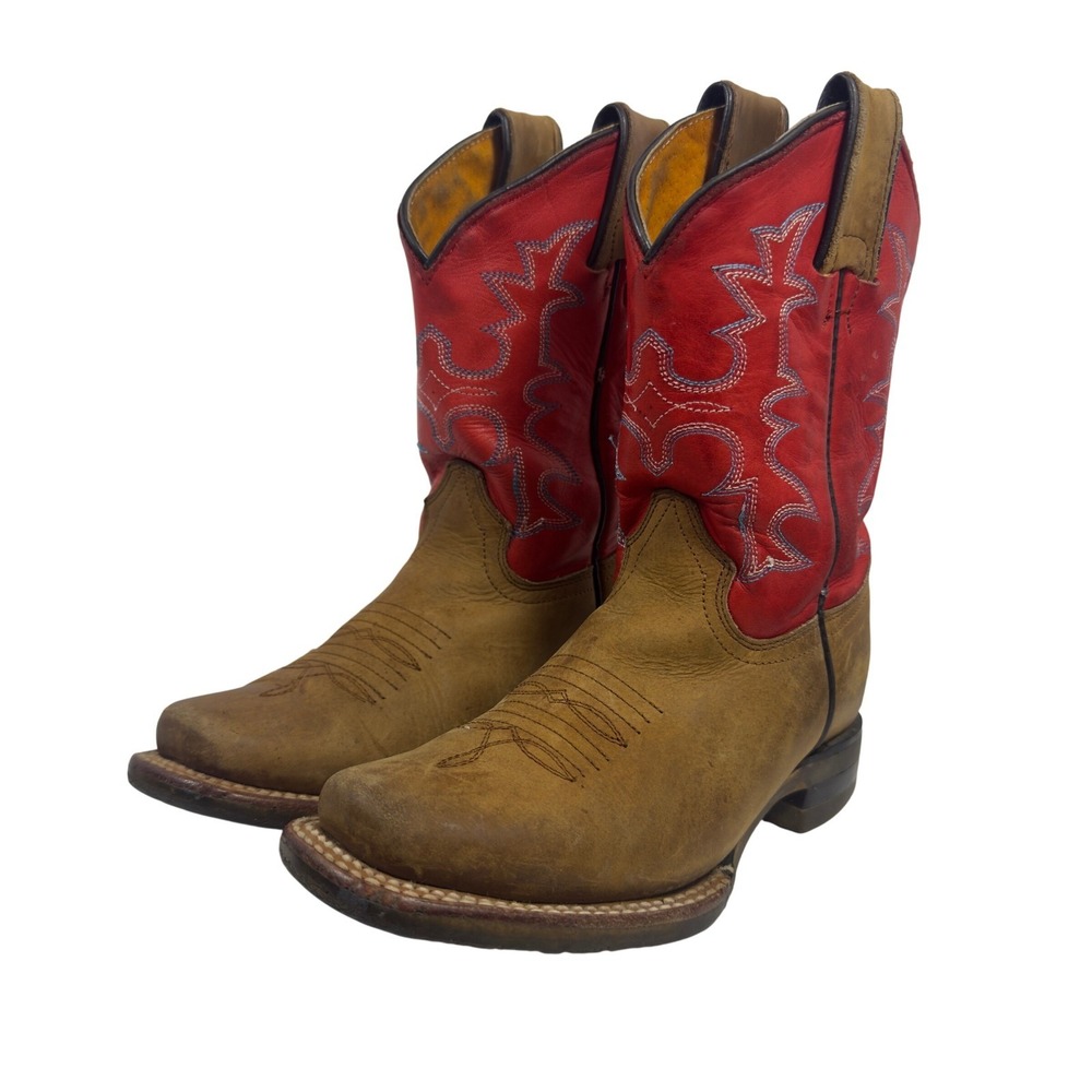 Cuatralba Western Cowboy Boots Boys 3.5 Brown Red Square Toe Embroidered EU 19.5